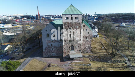 Aerial view of Turku castle, the turun linna, on a sunny spring day in Åbo, finland Stock Photo