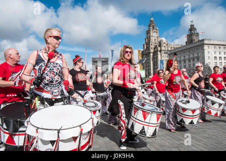 Liverpool Half Marathon,finish line,Pier Head,samba,music,Liverpool,Merseyside,England,World Heritage City,City,Northern,North,England,English,UK. Stock Photo