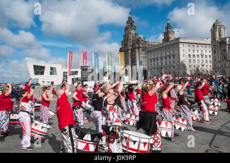 Liverpool Half Marathon,finish line,Pier Head,samba,music,Liverpool,Merseyside,England,World Heritage City,City,Northern,North,England,English,UK. Stock Photo