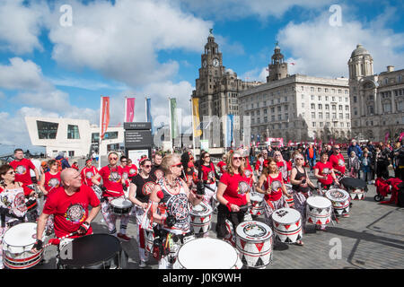 Liverpool Half Marathon,finish line,Pier Head,samba,music,Liverpool,Merseyside,England,World Heritage City,City,Northern,North,England,English,UK. Stock Photo