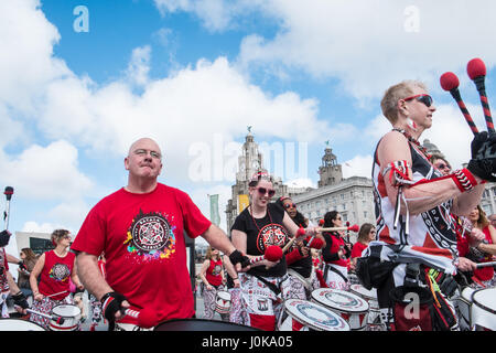 Liverpool Half Marathon,finish line,Pier Head,samba,music,Liverpool,Merseyside,England,World Heritage City,City,Northern,North,England,English,UK. Stock Photo