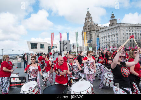 Liverpool Half Marathon,finish line,Pier Head,samba,music,Liverpool,Merseyside,England,World Heritage City,City,Northern,North,England,English,UK. Stock Photo