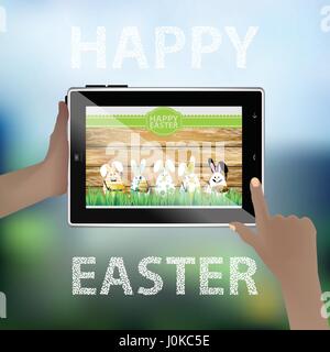 Easter vector. Illustration for your design. Tablet smart phone in human hands. Funny rabbits - eggs on the background of a wooden fence. Hares with f Stock Vector