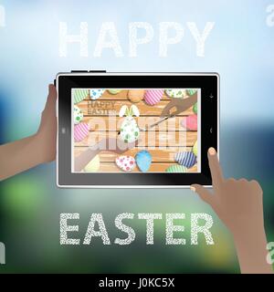 Easter vector. Illustration for your design. Tablet smart phone in human hands. Funny rabbit - an egg on the background of a wooden table. Color hand  Stock Vector