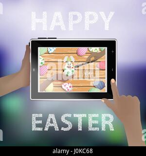 Easter vector. Illustration for your design. Tablet smart phone in human hands. Funny rabbit - an egg on the background of a wooden table. An egg with Stock Vector