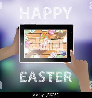 Easter vector. Illustration for your design. Tablet smart phone in human hands. Funny rabbit - an egg on the background of a wooden table. Egg with ra Stock Vector