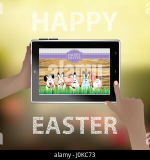 Easter vector. Illustration for your design. Tablet smart phone in human hands. Funny rabbits - eggs on the background of a wooden fence. Hares with s Stock Vector