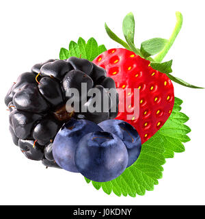 Isolated fruits. Isolated strawberries, blackberry and three blueberries on white background as package design element. Stock Photo