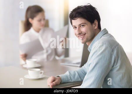 Smiling successful candidate searching for a job having employme Stock Photo