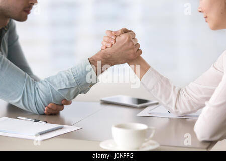 Man and woman armwrestling, business competition and gender equa Stock Photo