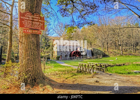 Facade of Longfellow's Wayside Inn Grist Mill built by Henry Ford in 1924 at Sudbury, Massachusetts. Stock Photo