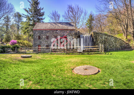 Facade of Longfellow's Wayside Inn Grist Mill built by Henry Ford in 1924 at Sudbury, Massachusetts. Stock Photo