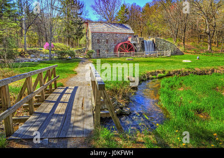 Facade of Longfellow's Wayside Inn Grist Mill built by Henry Ford in 1924 at Sudbury, Massachusetts. Stock Photo