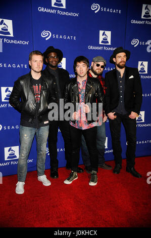 (L-R) Musicians Dave Tirio, De Mar Hamilton, Tom Higgenson, Mike Retondo and Tim Lopez of the musical group Plain White T's attend the 17th Annual GRAMMY Foundation Legacy Concert at the Wilshire Ebell Theatre on February 5, 2015 in Los Angeles, Californi