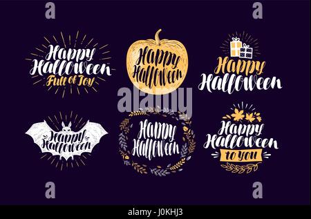 Happy Halloween, label set. Holiday symbol or logo. Lettering, calligraphy vector illustration Stock Vector