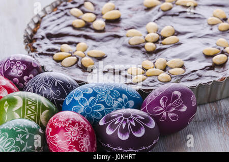 easter eggs and mazurek traditional polish easter chocolate cake Stock Photo