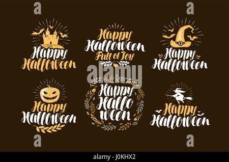 Halloween, label set. Holiday icons or logos. Handwritten lettering, vector illustration Stock Vector