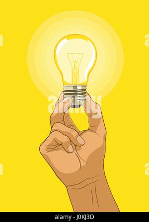 Light bulb hold in hand like symbol of idea. Finding conceptual solution. Vector illustration Stock Vector