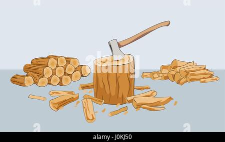 Chopped firewood logs with stump and axe. Vector illustration Stock Vector