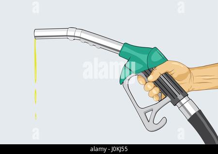 Hand holding fuel nozzle. Fuel pump in hand. Petrol station. Gasoline pump. Vector illustration Stock Vector