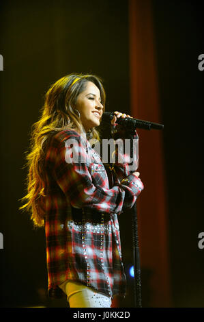 Singer Becky G performs live at The Salvation Army #|#Rock The Red Kettle#|# Concert at Microsoft Theater on December 5th, 2015 in Los Angeles, California. Stock Photo