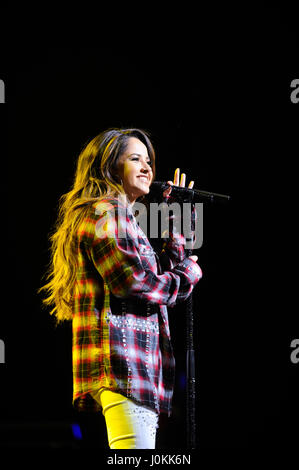 Singer Becky G performs live at The Salvation Army #|#Rock The Red Kettle#|# Concert at Microsoft Theater on December 5th, 2015 in Los Angeles, California. Stock Photo