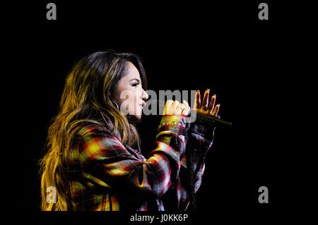 Singer Becky G performs live at The Salvation Army #|#Rock The Red Kettle#|# Concert at Microsoft Theater on December 5th, 2015 in Los Angeles, California. Stock Photo