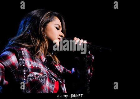 Singer Becky G performs live at The Salvation Army #|#Rock The Red Kettle#|# Concert at Microsoft Theater on December 5th, 2015 in Los Angeles, California. Stock Photo