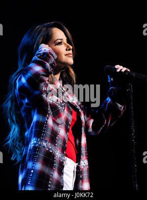 Singer Becky G performs live at The Salvation Army #|#Rock The Red Kettle#|# Concert at Microsoft Theater on December 5th, 2015 in Los Angeles, California. Stock Photo