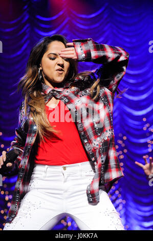 Singer Becky G performs live at The Salvation Army #|#Rock The Red Kettle#|# Concert at Microsoft Theater on December 5th, 2015 in Los Angeles, California. Stock Photo