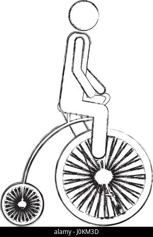 monochrome sketch pictogram of man in penny farthing Stock Vector