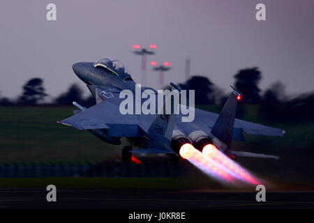 A 492nd Fighter Squadron’s F-15E Strike Eagle takes off from Royal Air Force Lakenheath, England Stock Photo
