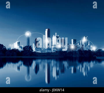 Network and Connection Technology Concept of Dallas Skyline Reflection at Dawn, Downtown Dallas, Texas, USA Stock Photo