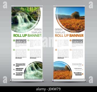 Design a standard roll up banner. Template of a vertical brochure for advertising business or travel. A set of flyers with a place for a photo. Stock Vector