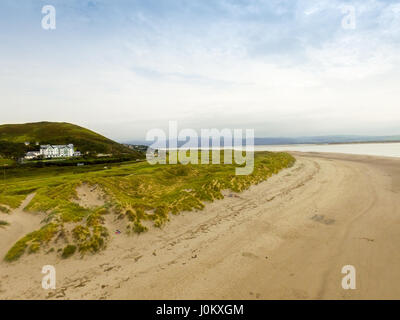 Aerial photograph of Aberdovey beach, sand dunes, Aberdovey Golf Club and Trefeddian Hotel. Stock Photo