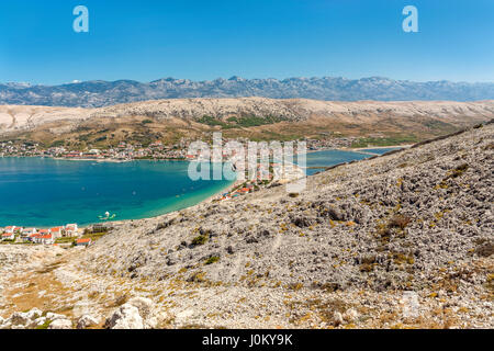 Elevated view on Pag town, Pag island, Croatia Stock Photo