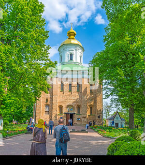 KIEV, UKRAINE - MAY 2, 2016: Saint Michael Church is the oldest building in Vydubychi Monastery ensemble with medieval walls from Kievan Rus period, o Stock Photo