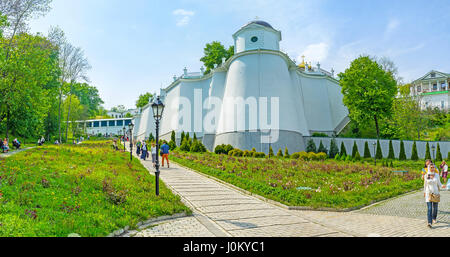 KYIV, UKRAINE - MAY 2, 2016: The panoramic view on lower part of Kyiv Pechersk Lavra Cave Monastery with huge defensive ramparts Stock Photo