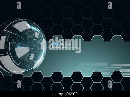 Abstract background with glass sphere, with blue colors and glow and futuristic elements, hexagons . Used a clipping mask. Stock Vector