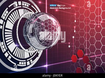 Abstract background with glass sphere, with red colors and glow and futuristic elements, hexagons . Used a clipping mask. Stock Vector