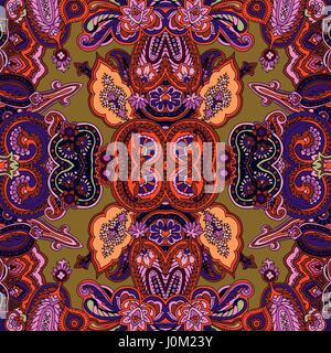 Seamless abstract geometric kaleidoscope paisley pattern. Traditional oriental ethnic ornament, on mustard green background. Textile design. Stock Vector