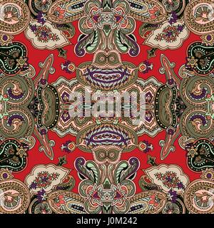 Seamless abstract geometric kaleidoscope paisley pattern. Traditional oriental ethnic ornament, on red background. Textile design. Stock Vector