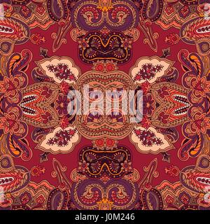 Seamless abstract geometric kaleidoscope paisley pattern. Traditional oriental ethnic ornament, on maroon background. Textile design. Stock Vector