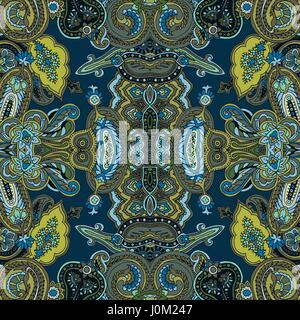 Seamless abstract geometric kaleidoscope paisley pattern. Traditional oriental ethnic ornament, on ocean blue background. Textile design. Stock Vector