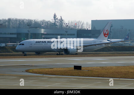 EVERETT, WASHINGTON, USA - JAN 26th, 2017: Brand new Japan Airlines Boeing 787-9 MSN 34843, Registration JA867J lining up for takeoff for a test flight at Snohomish County Airport or Paine Field Stock Photo