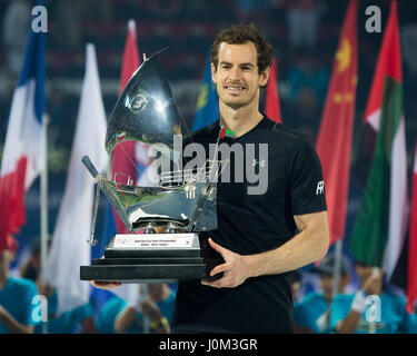 ANDY MURRAY (GBR),winner of the  Dubai Duty Free Tennis Championships holding the trophy. Stock Photo