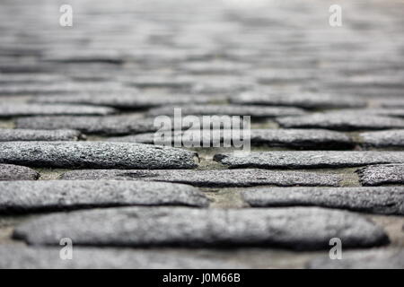 Macro grey cobbled pavers with soft focus background Stock Photo