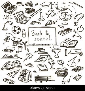 back to school. Hand drawn set. Vector illustration. sketch. book, brush, calculator, eraser, fastener, globe, goggles, laptop, medal, microscope, not Stock Vector