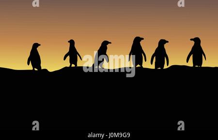 Silhouette of penguin at sunset landscape Stock Vector