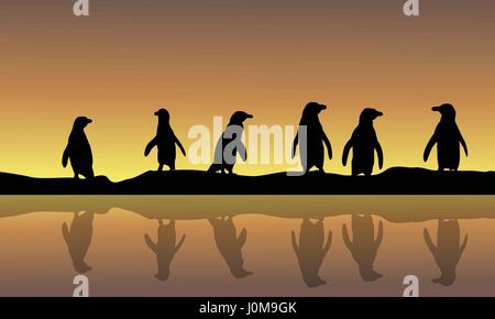 Landscape of penguin silhouette at sunset Stock Vector